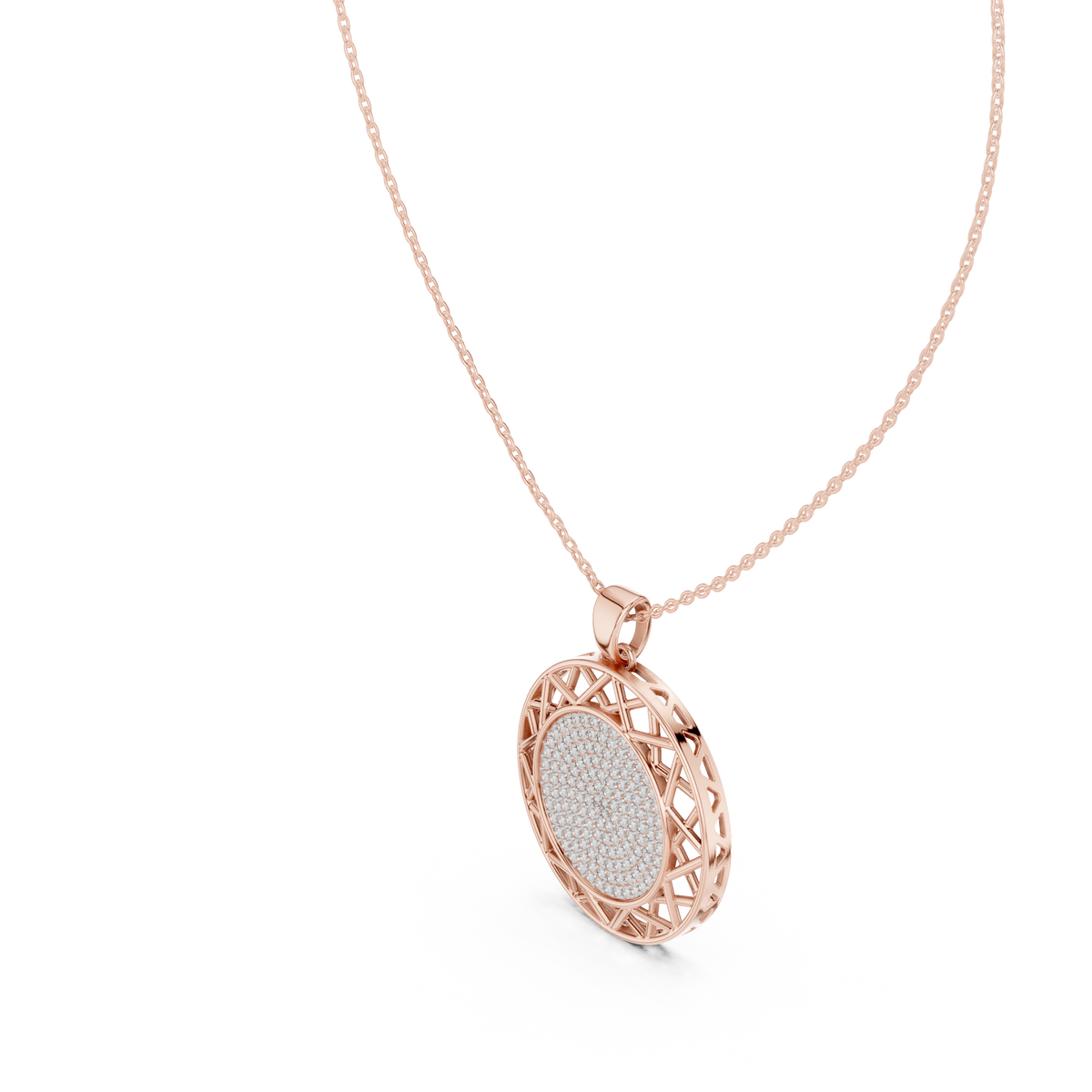 Round diamond medallion pendant detail with rose gold filigree lattice and diamond center