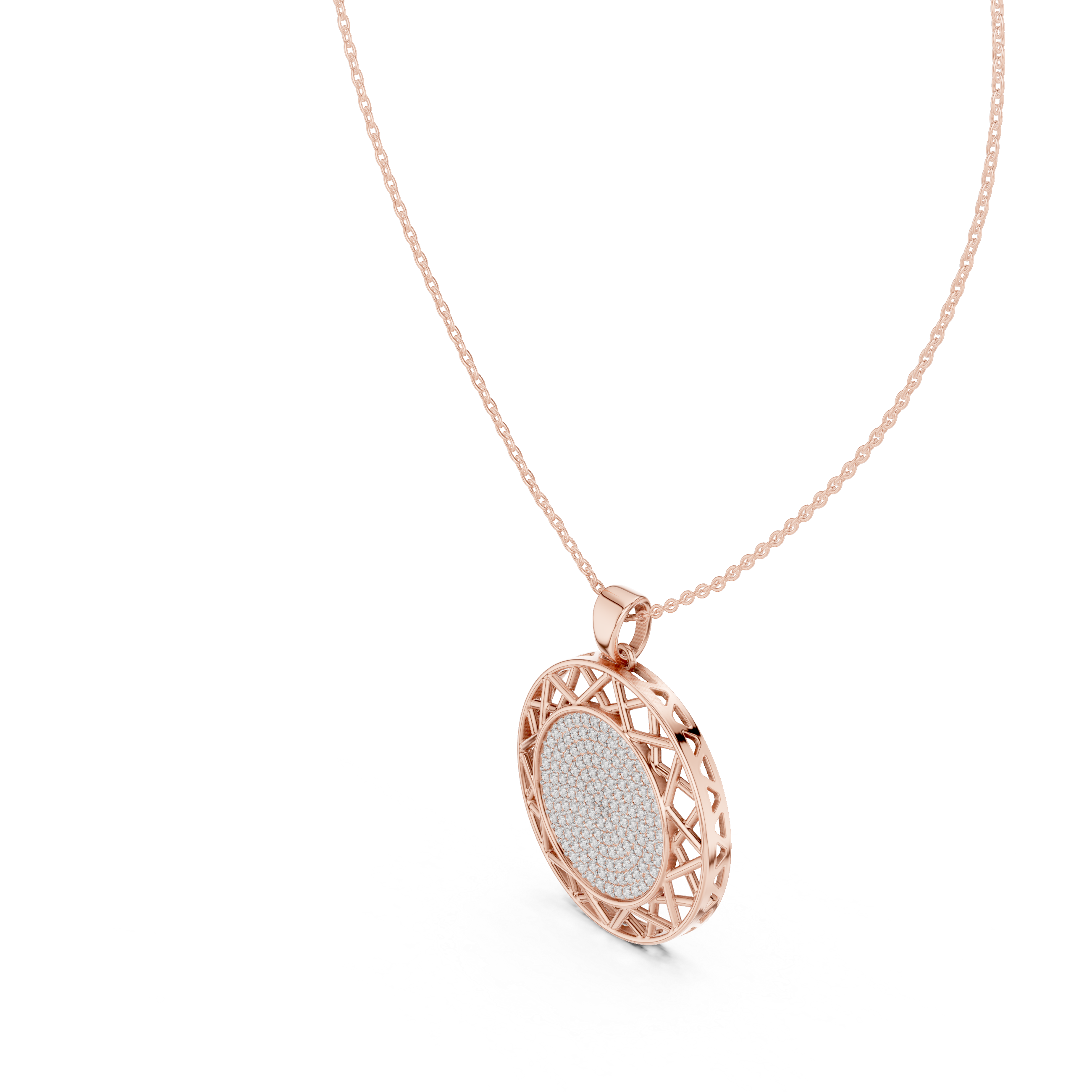 Round diamond medallion pendant detail with rose gold filigree lattice and diamond center