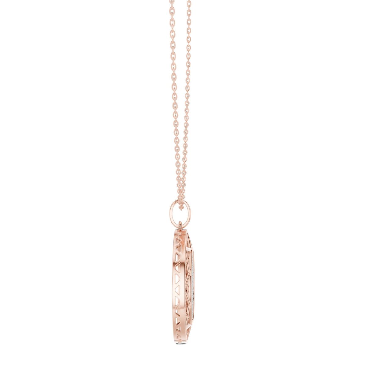 Rose gold chain necklace with round medallion diamond pendant and openwork border