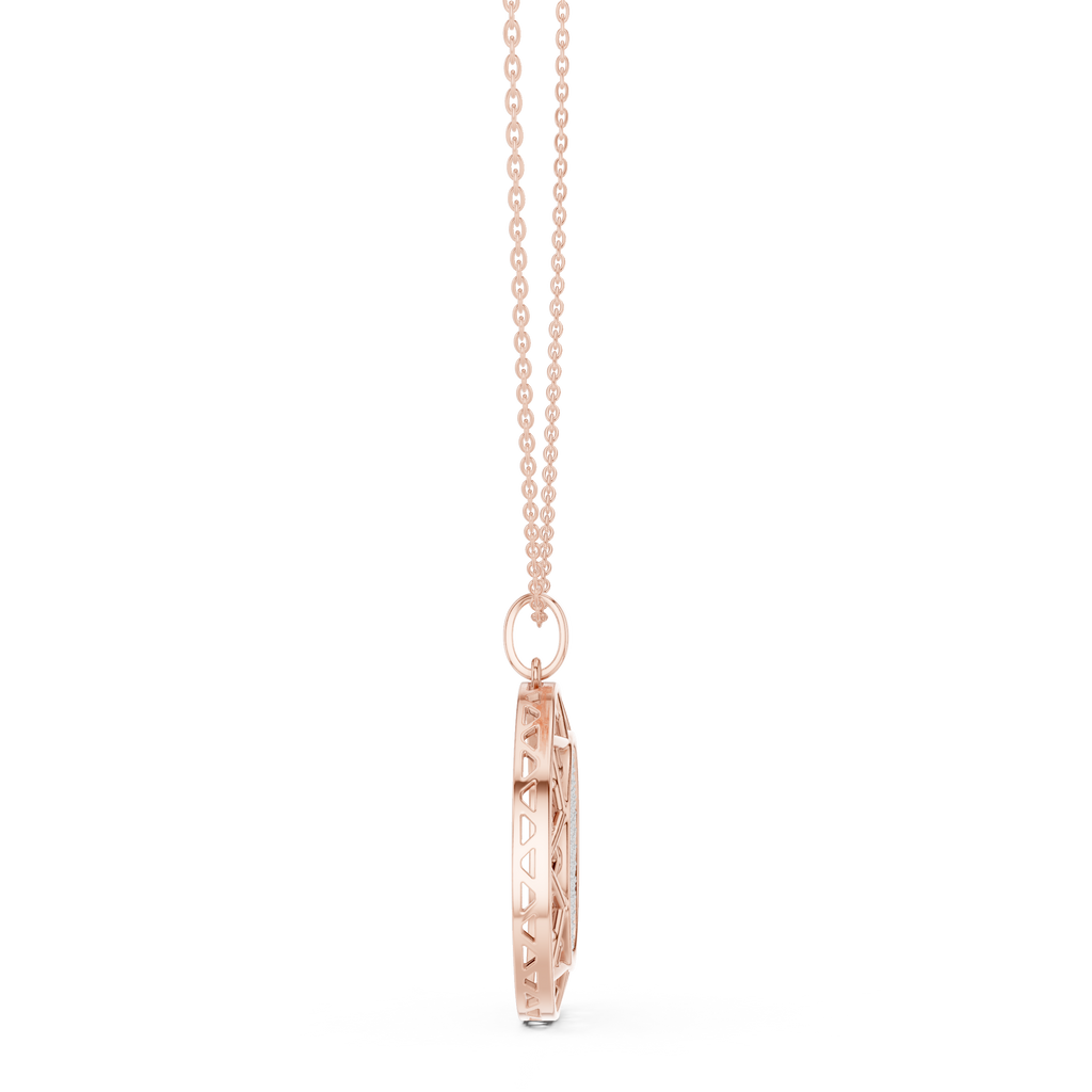 Rose gold chain necklace with round medallion diamond pendant and openwork border