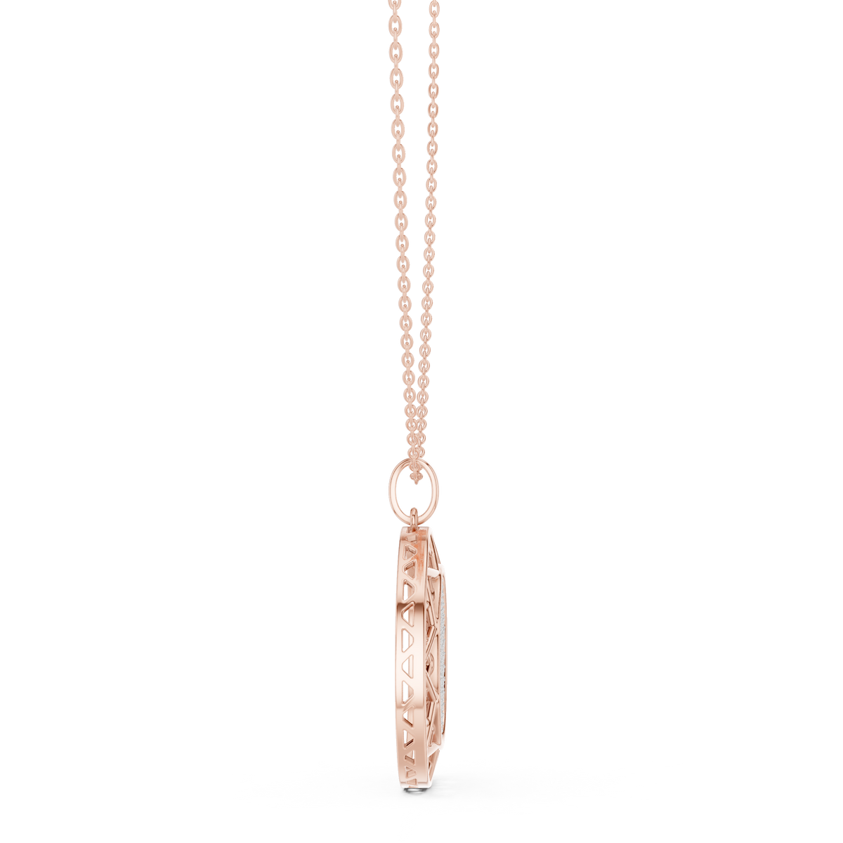 Rose gold chain necklace with round medallion diamond pendant and openwork border