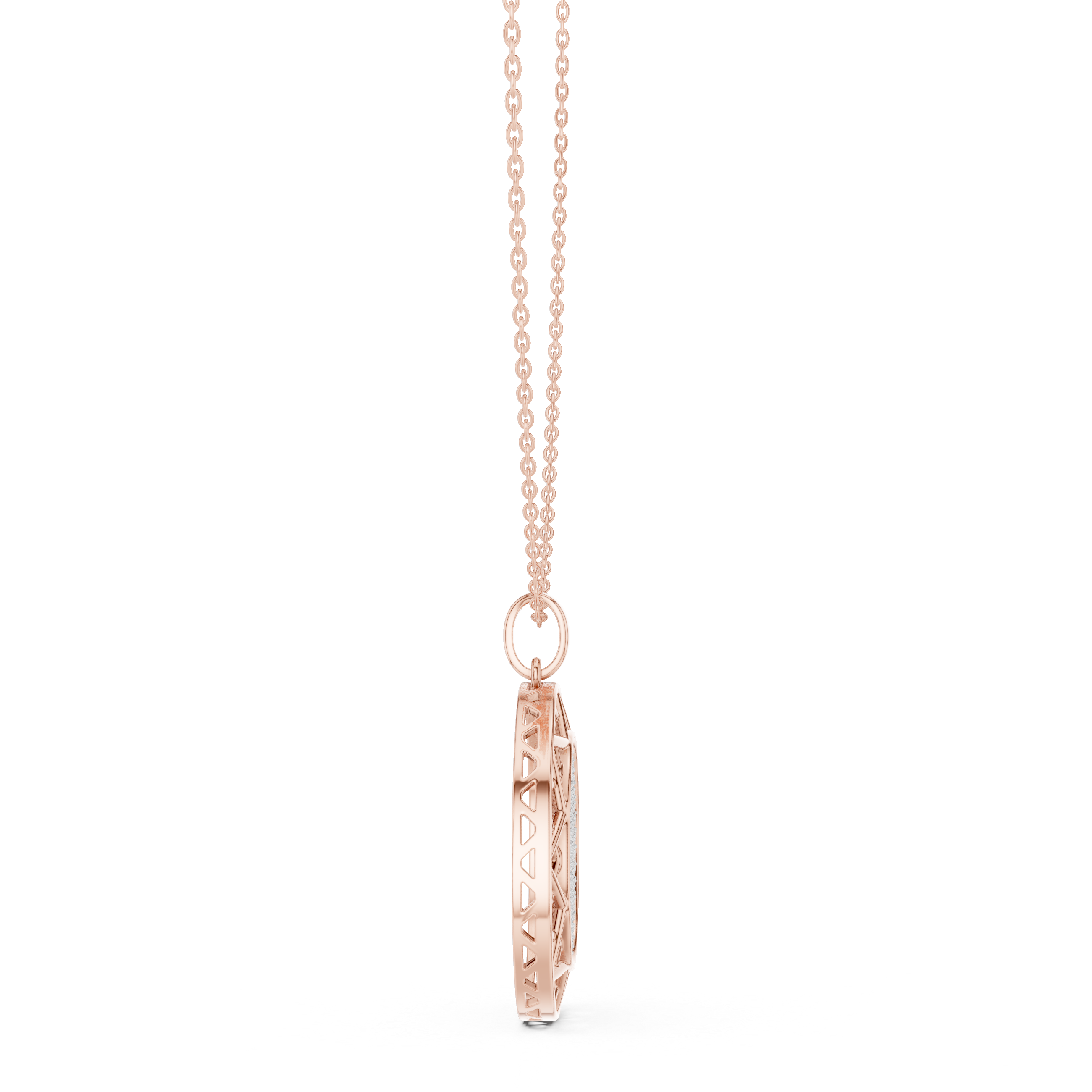Rose gold chain necklace with round medallion diamond pendant and openwork border
