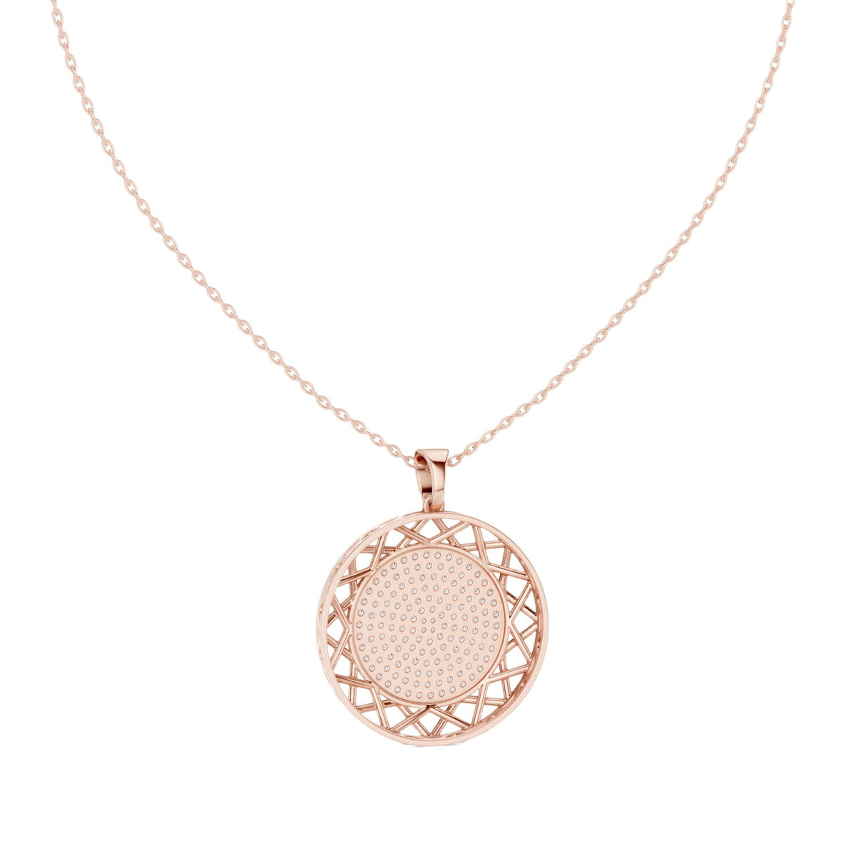 Round diamond medallion pendant on rose gold chain with circular filigree frame