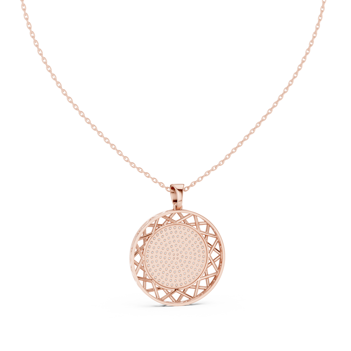 Round diamond medallion pendant on rose gold chain with circular filigree frame