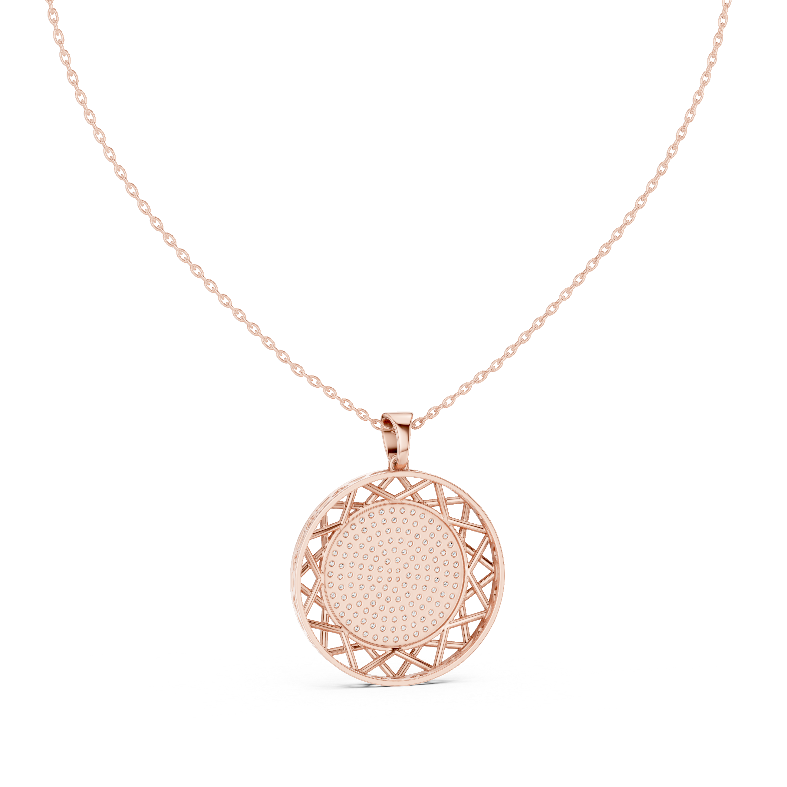 Round diamond medallion pendant on rose gold chain with circular filigree frame