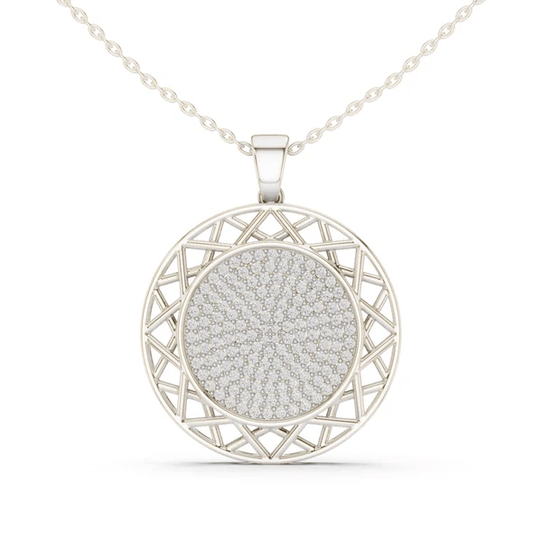 Round white gold diamond pendant with pavé round medallion and lattice halo