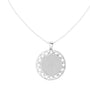 Round white gold diamond pendant with pavé center and lattice halo front view