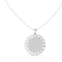 Round white gold diamond pendant with pavé center and lattice halo front view