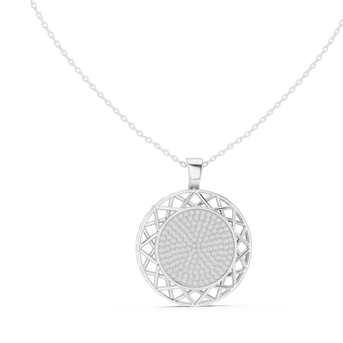 Round white gold diamond pendant with pavé center and lattice halo front view