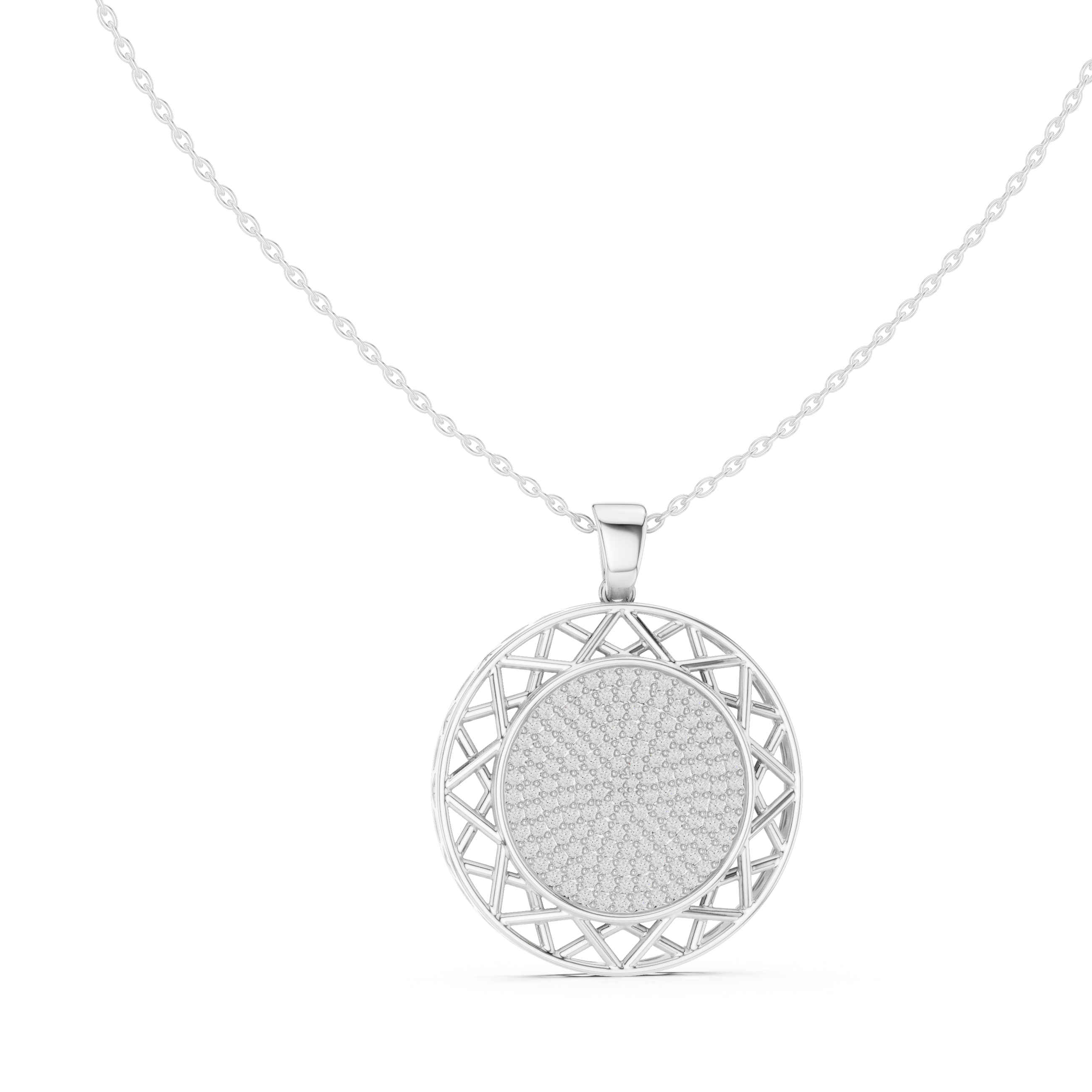 Round white gold diamond pendant with pavé center and lattice halo front view