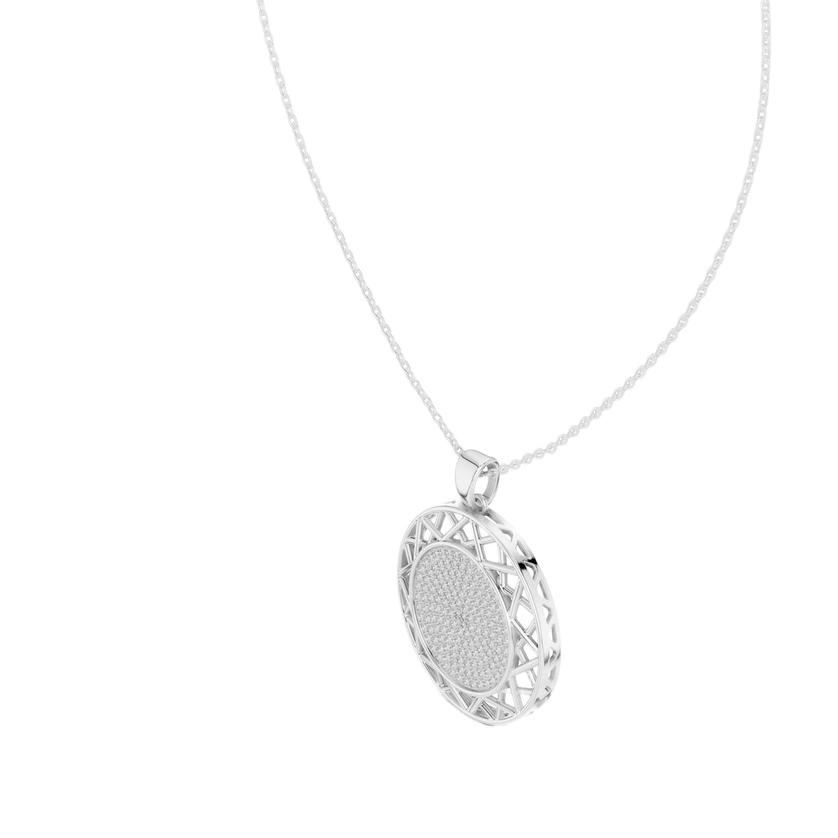 Round white gold diamond pendant, side view showing lattice halo and pavé face