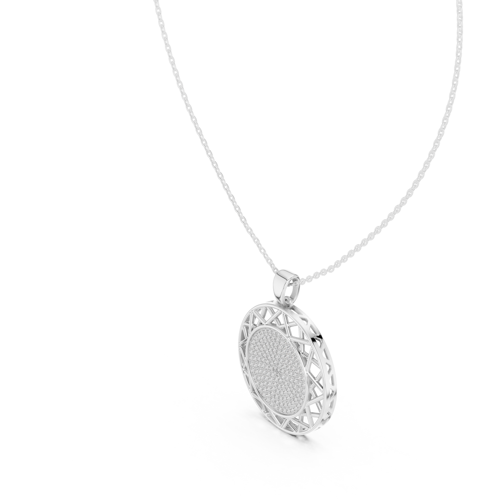 Round white gold diamond pendant, side view showing lattice halo and pavé face