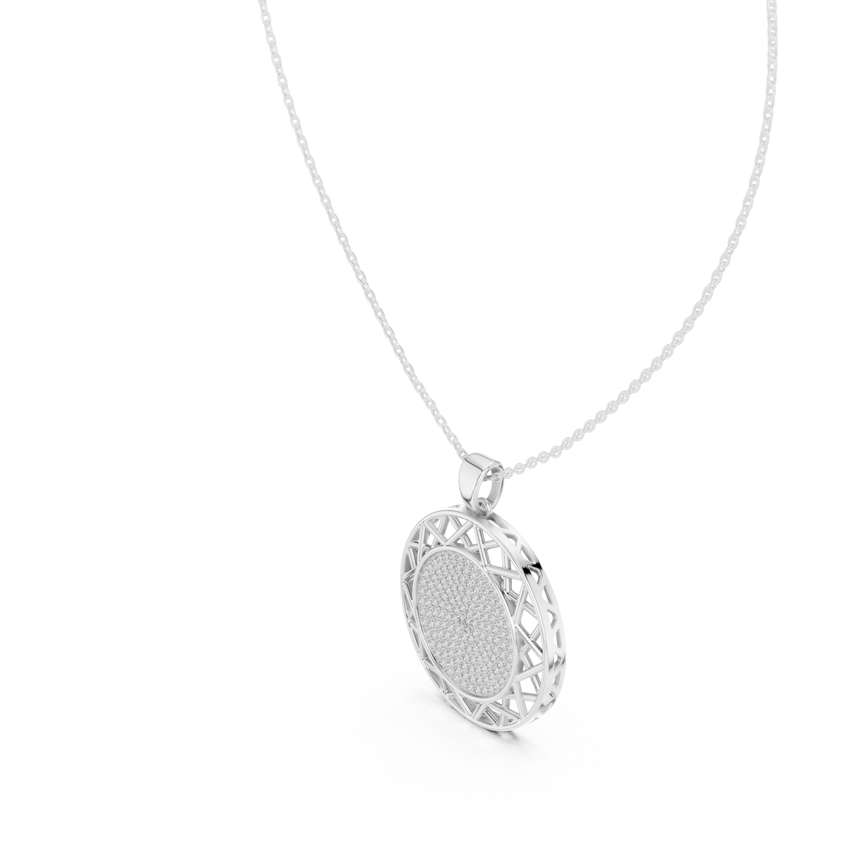 Round white gold diamond pendant, side view showing lattice halo and pavé face