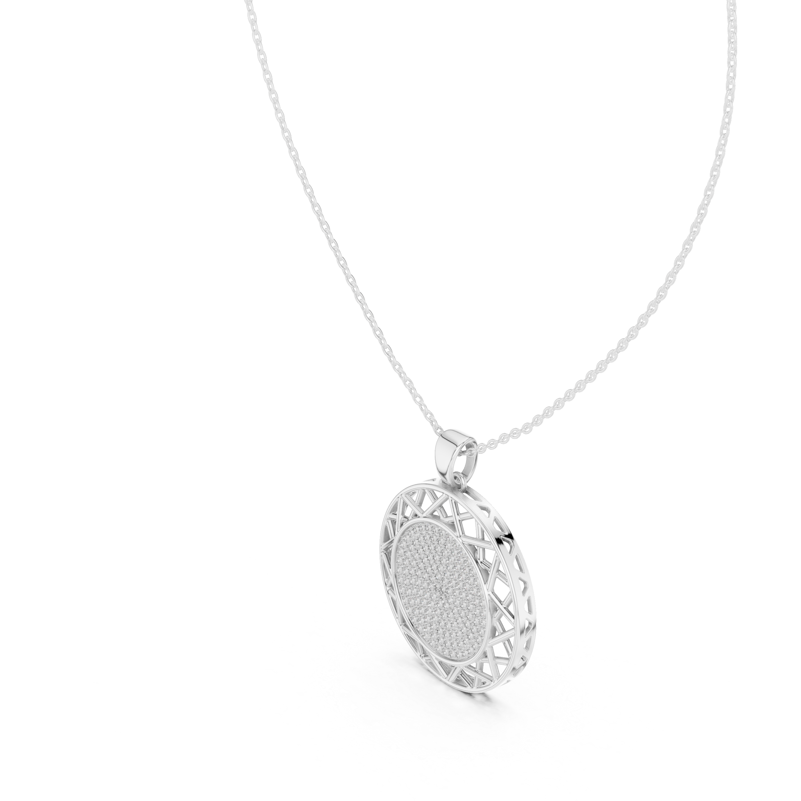 Round white gold diamond pendant, side view showing lattice halo and pavé face