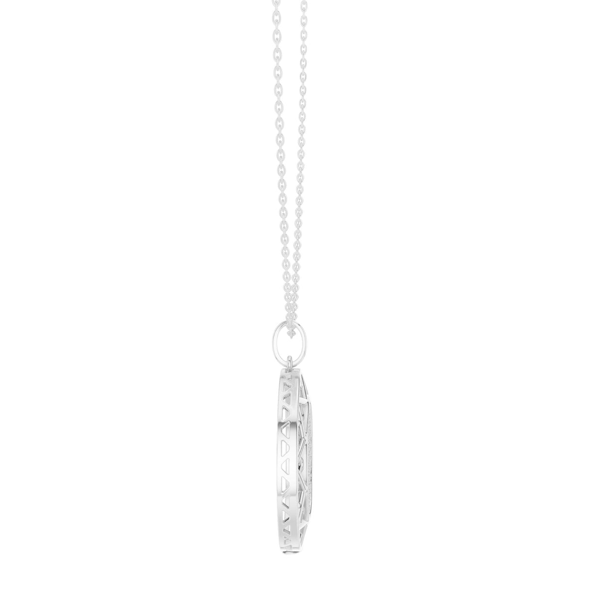 Round white gold diamond pendant with chain and bail, lattice side profile