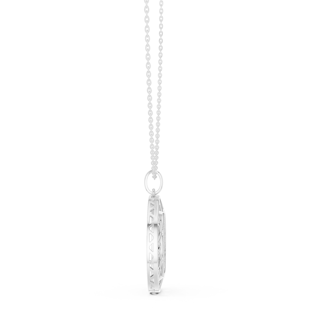 Round white gold diamond pendant with chain and bail, lattice side profile