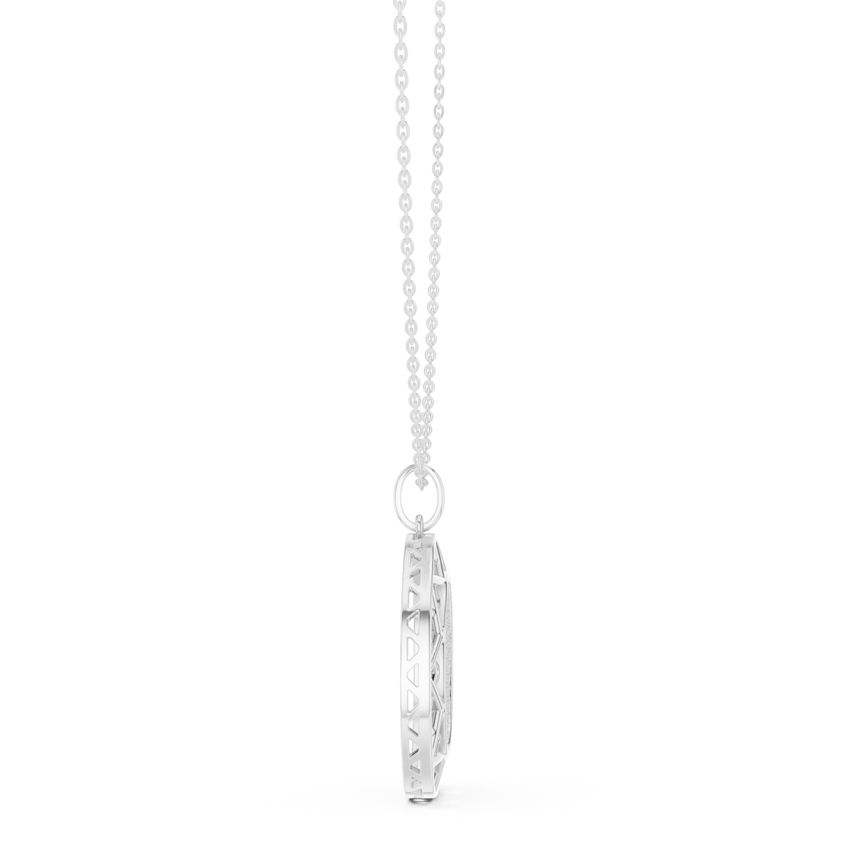 Round white gold diamond pendant with chain and bail, lattice side profile