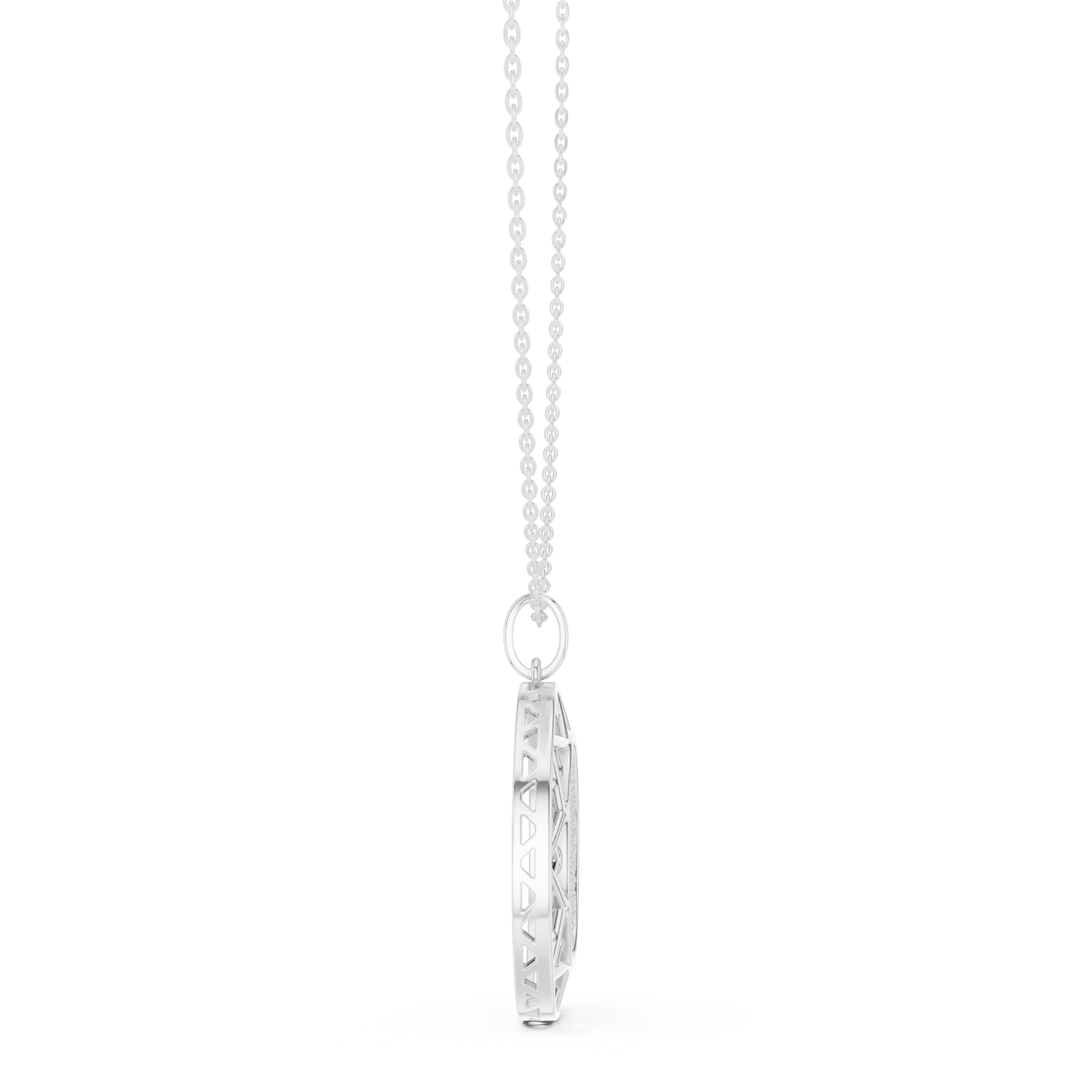 Round white gold diamond pendant with chain and bail, lattice side profile