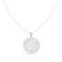 Round diamond medallion pendant on white gold chain with circular lattice frame