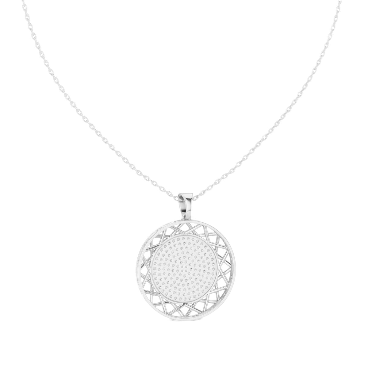 Round diamond medallion pendant on white gold chain with circular lattice frame