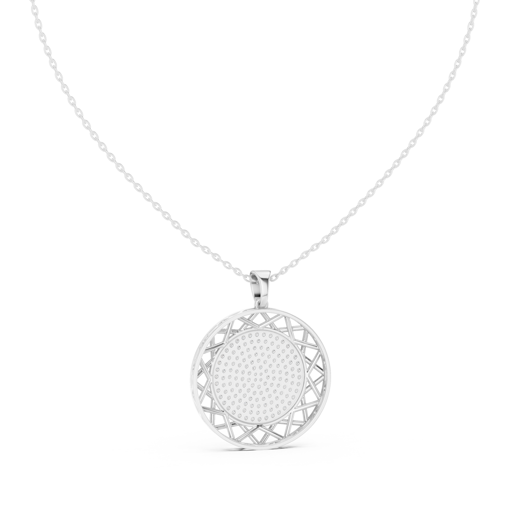 Round diamond medallion pendant on white gold chain with circular lattice frame