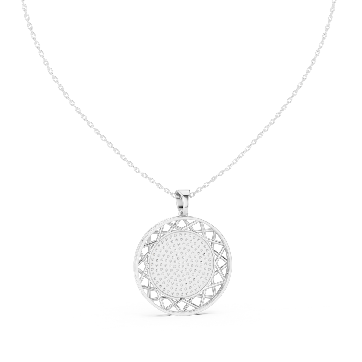 Round diamond medallion pendant on white gold chain with circular lattice frame