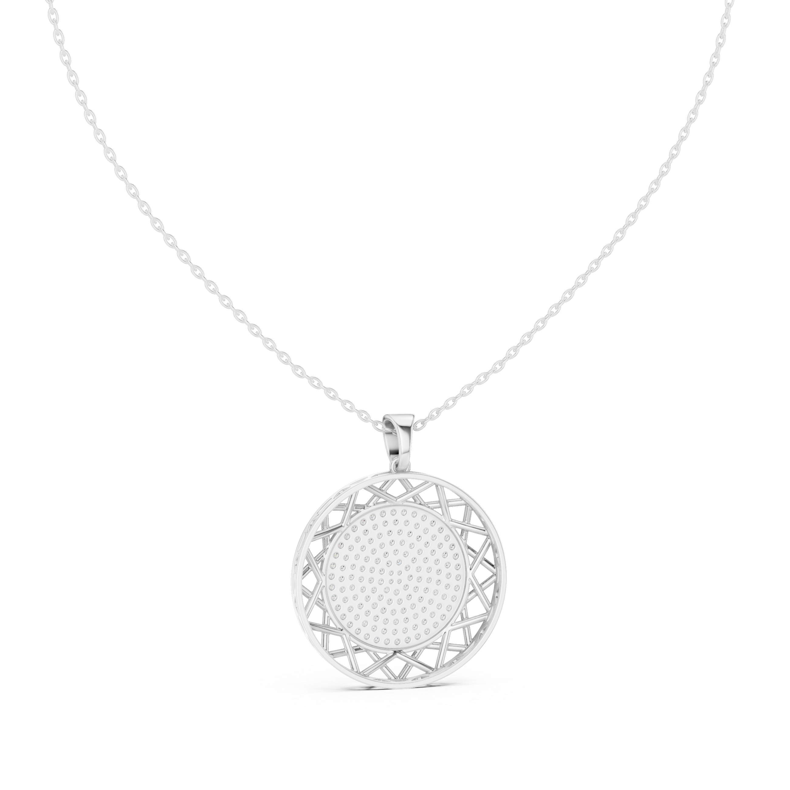 Round diamond medallion pendant on white gold chain with circular lattice frame