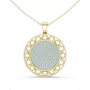 Round diamond pendant with celestial medallion lattice and pavé center, yellow gold
