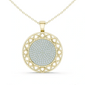 Round yellow gold diamond pendant with pavé round medallion and lattice halo