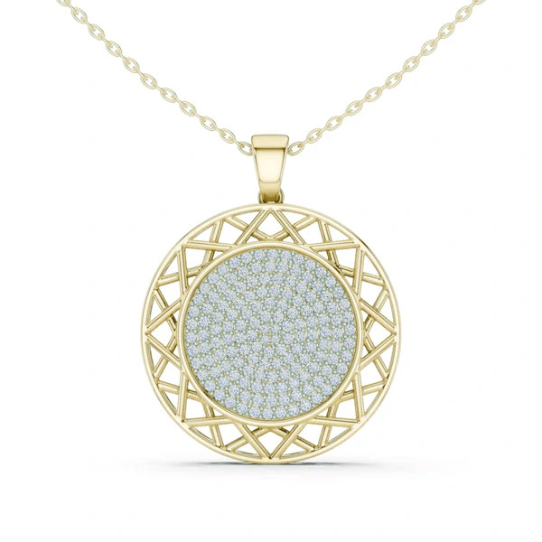 Round yellow gold diamond pendant with pavé round medallion and lattice halo