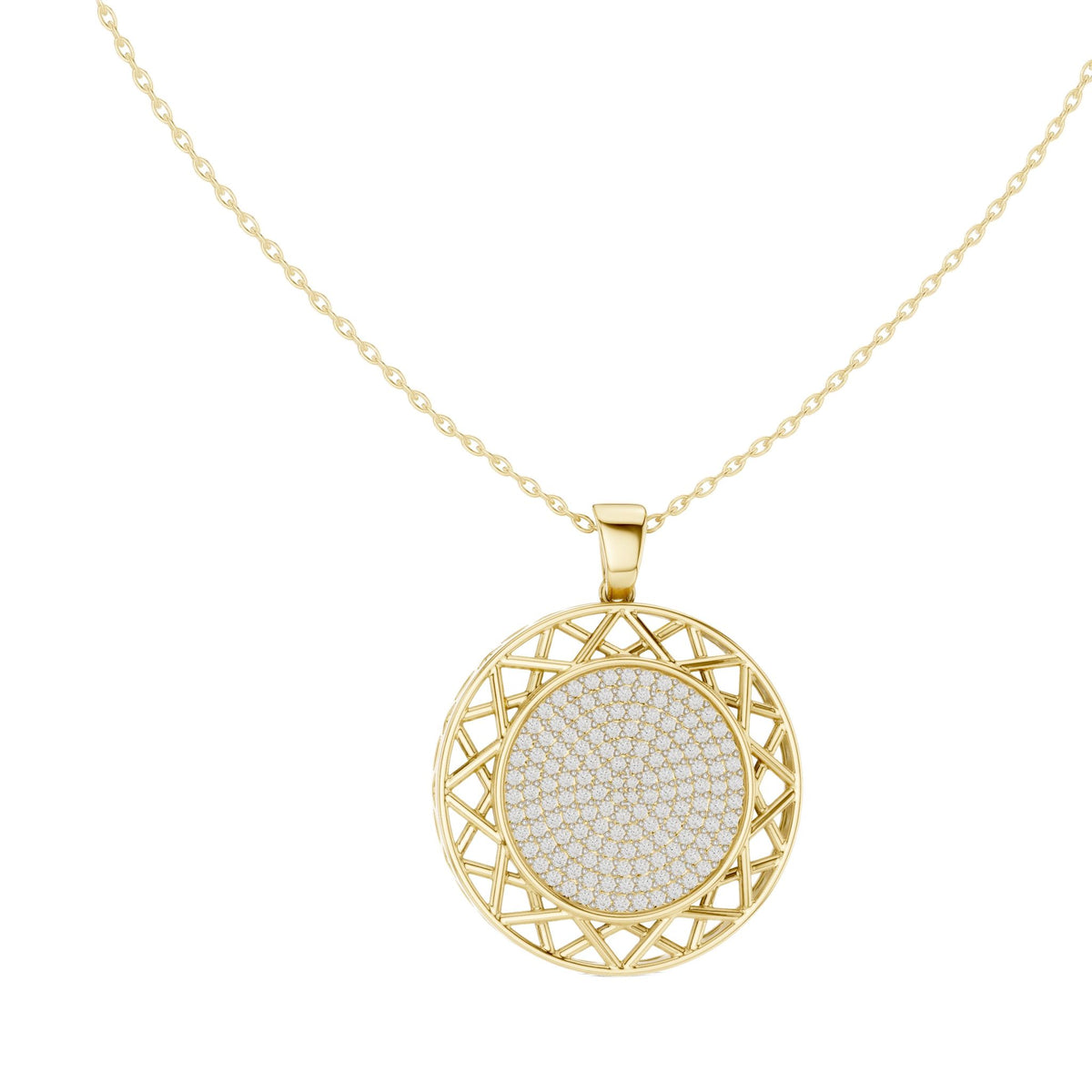 Round diamond pendant with celestial medallion openwork, yellow gold bail and chain
