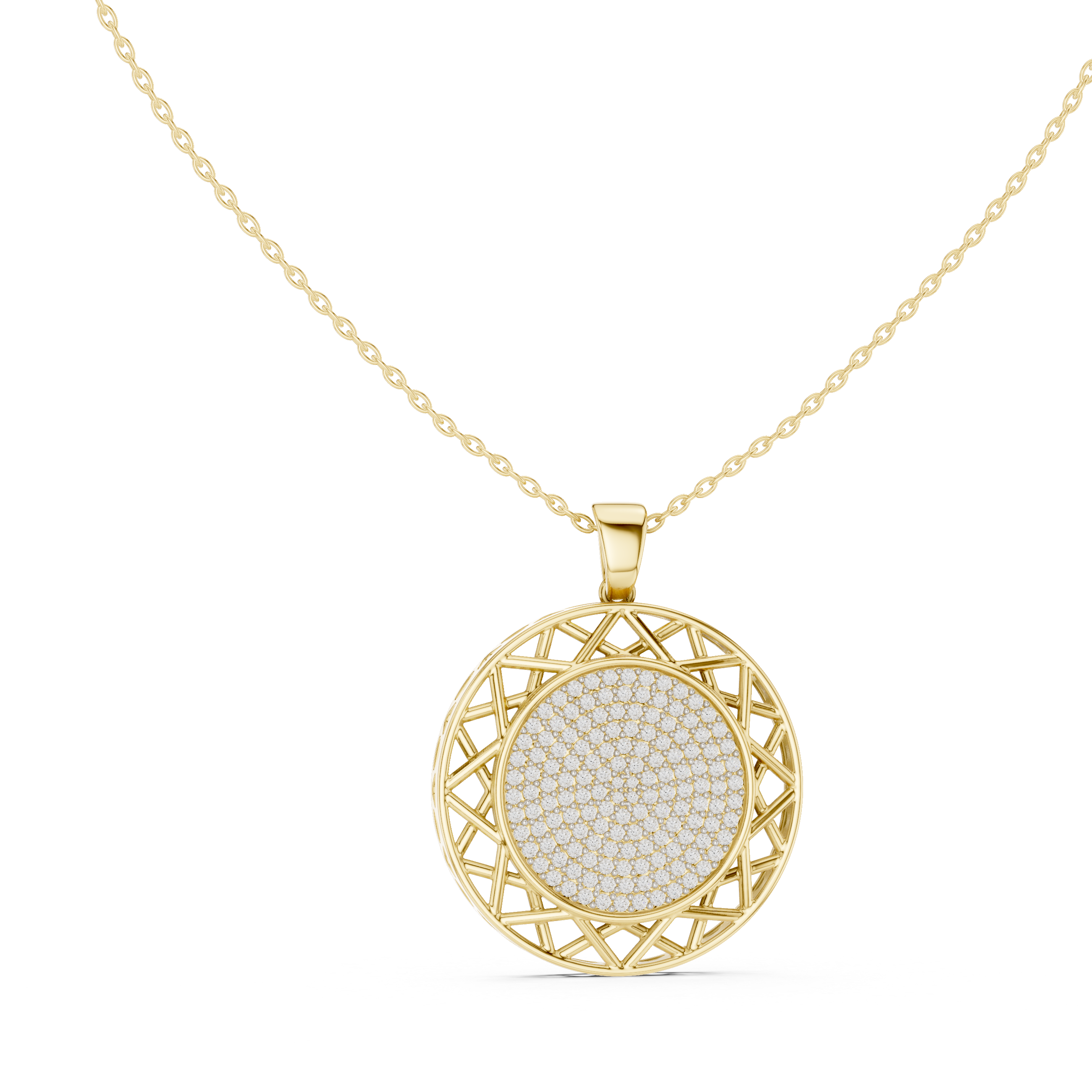 Round diamond pendant with celestial medallion openwork, yellow gold bail and chain