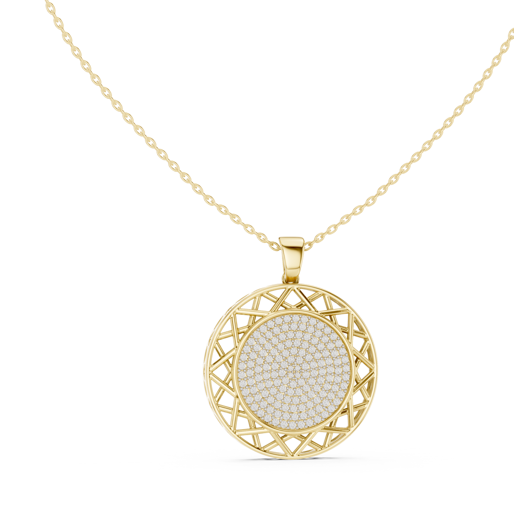 Round yellow gold diamond pendant with pavé center and lattice outer frame