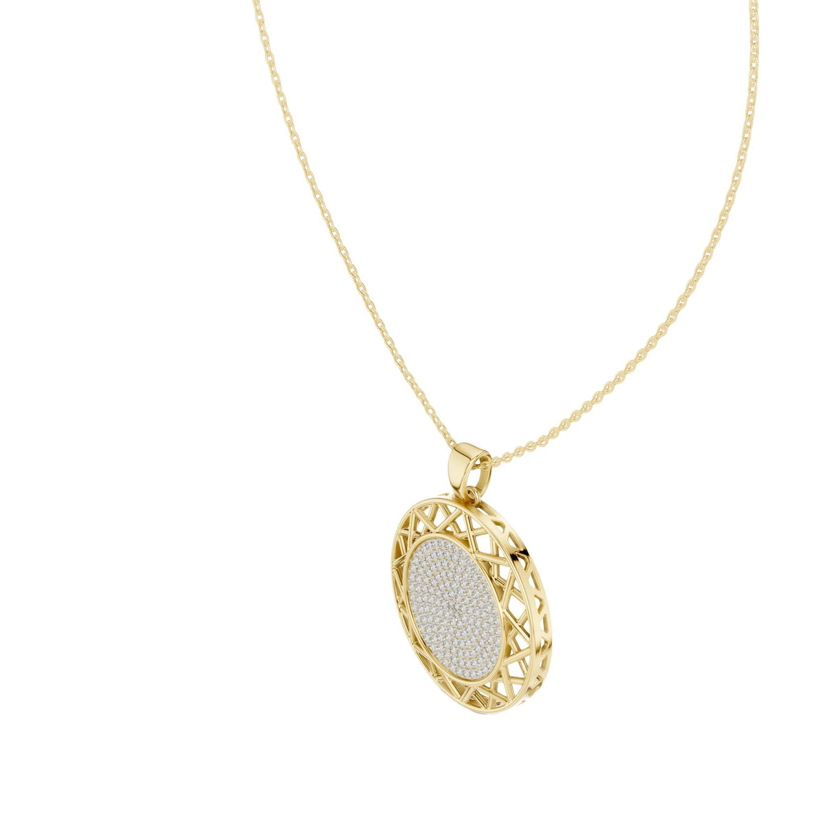 Round diamond pendant with lattice celestial medallion and pavé center, yellow gold