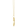Round diamond pendant with celestial medallion lattice side view, yellow gold setting