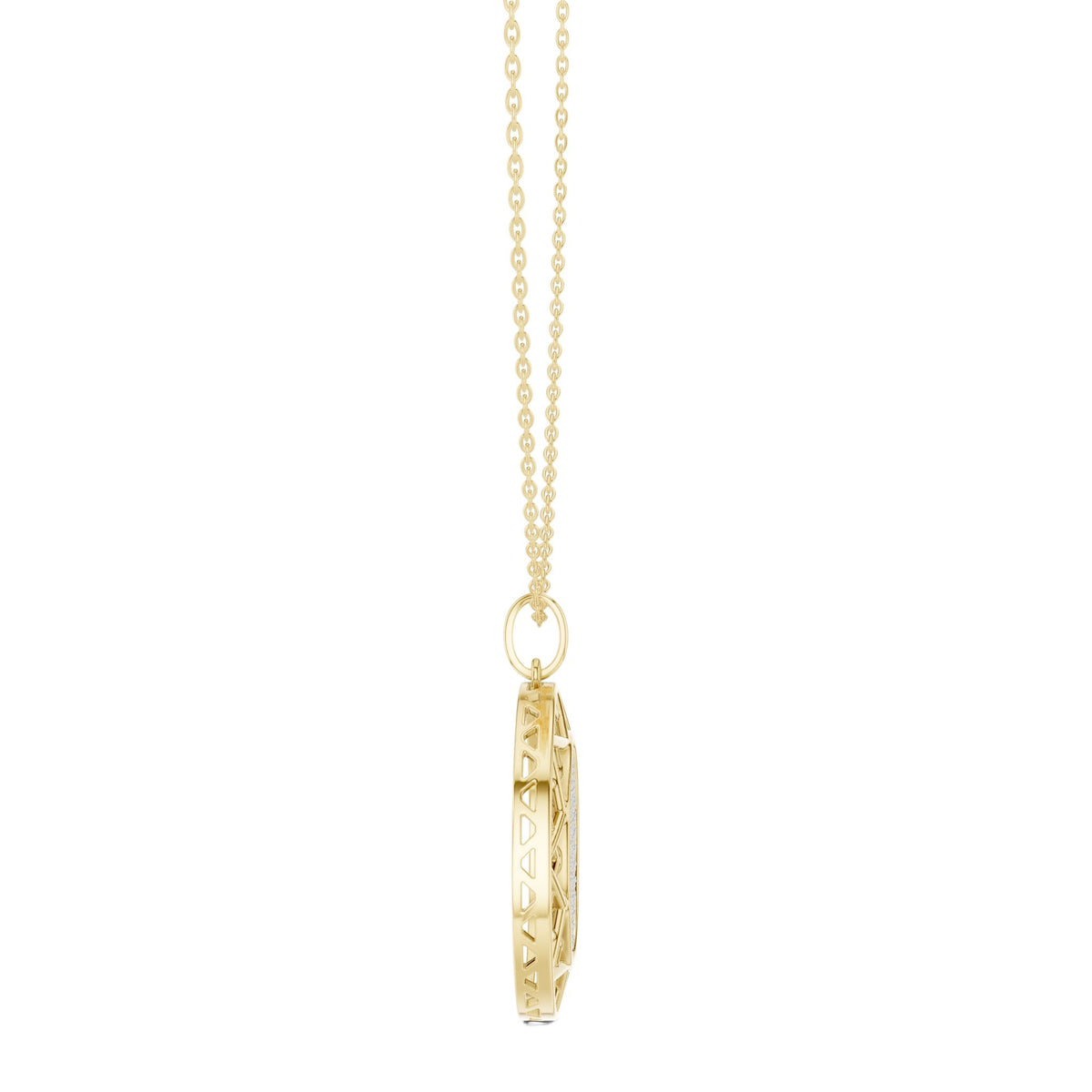 Round diamond pendant with celestial medallion lattice side view, yellow gold setting
