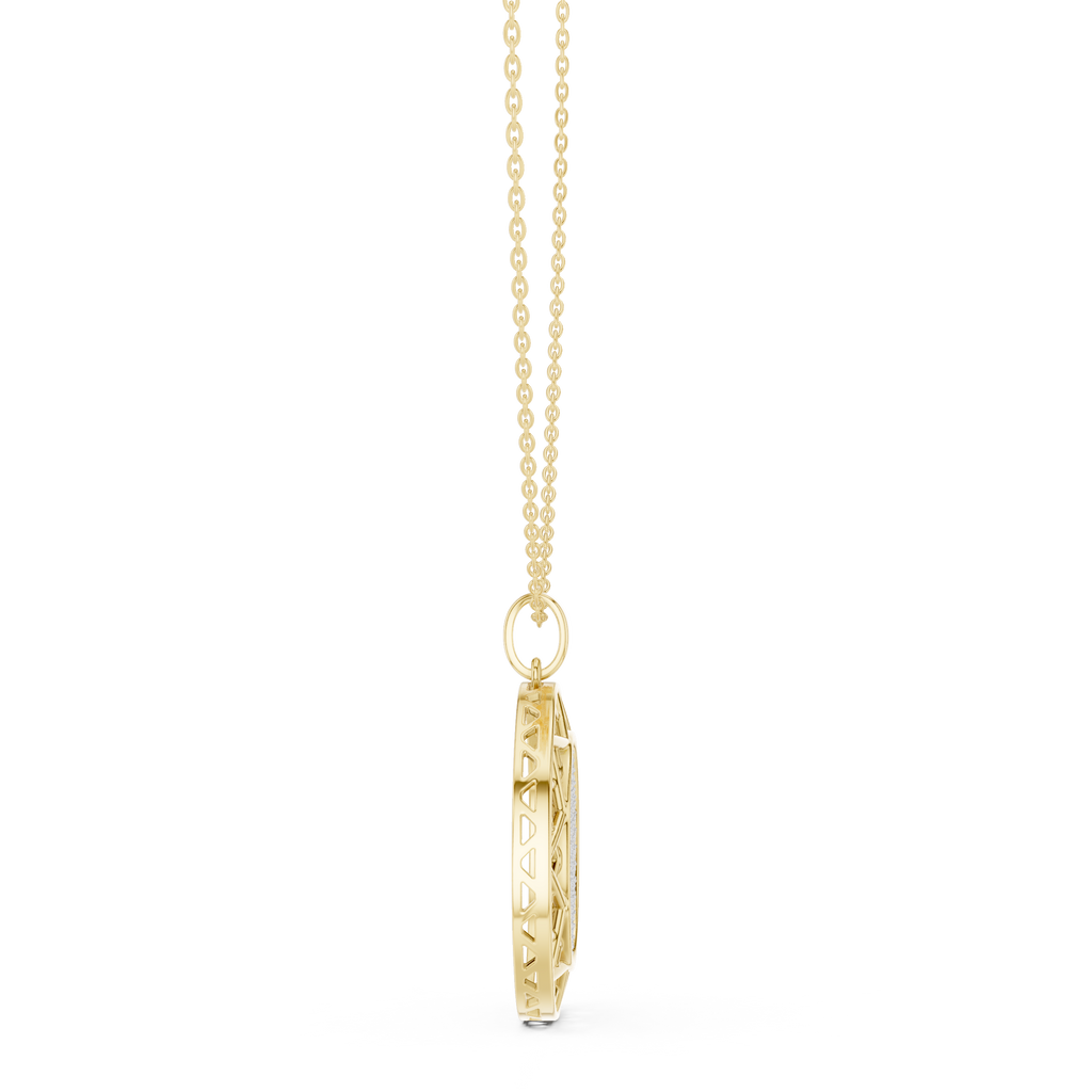 Round yellow gold diamond pendant with chain and bail, lattice side profile