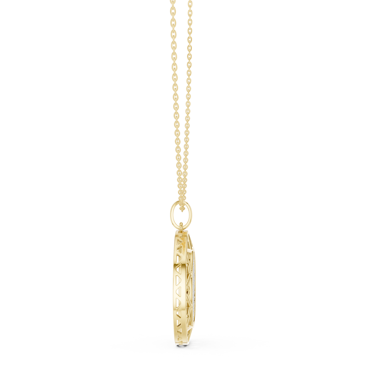 Round diamond pendant with celestial medallion lattice side view, yellow gold setting