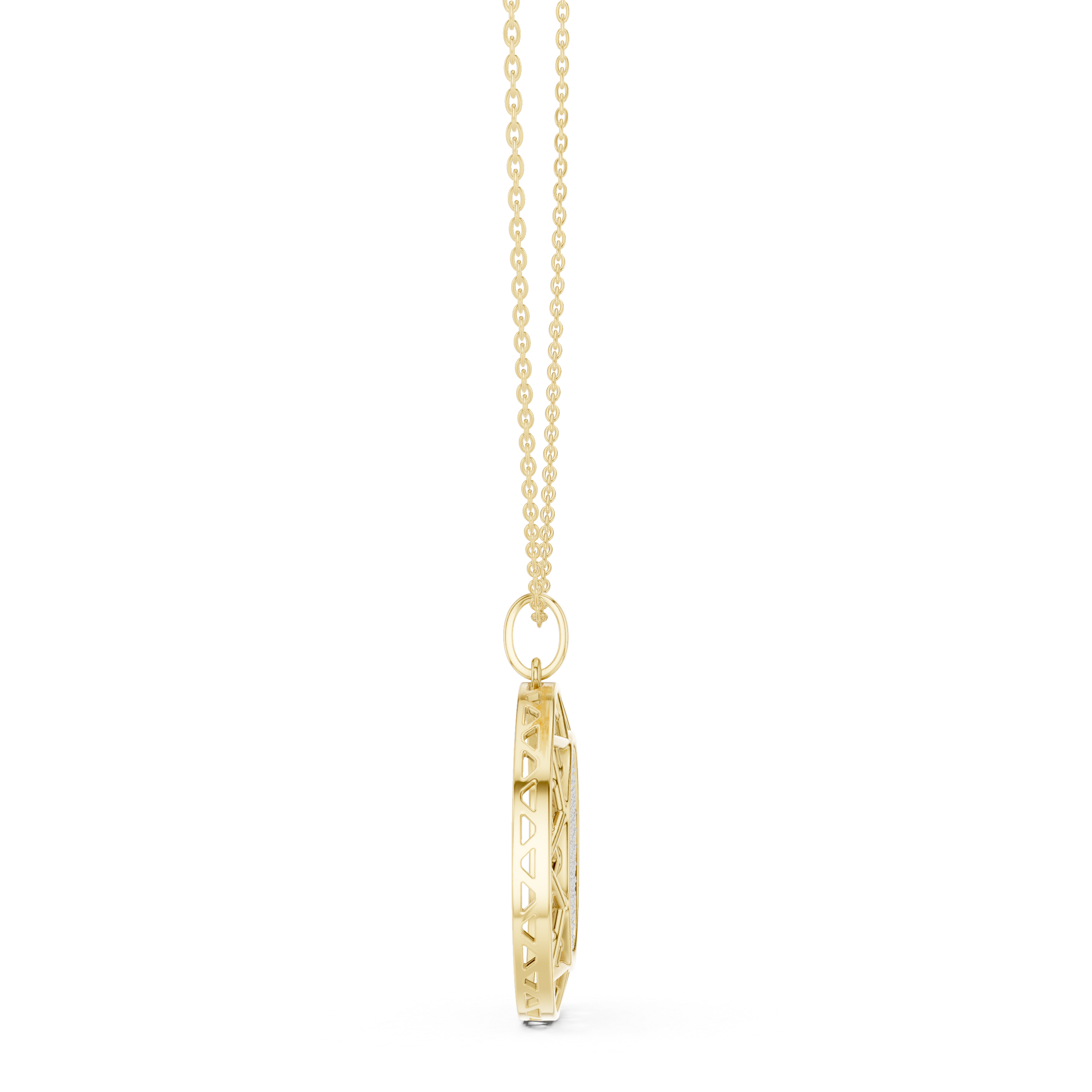Round yellow gold diamond pendant with chain and bail, lattice side profile