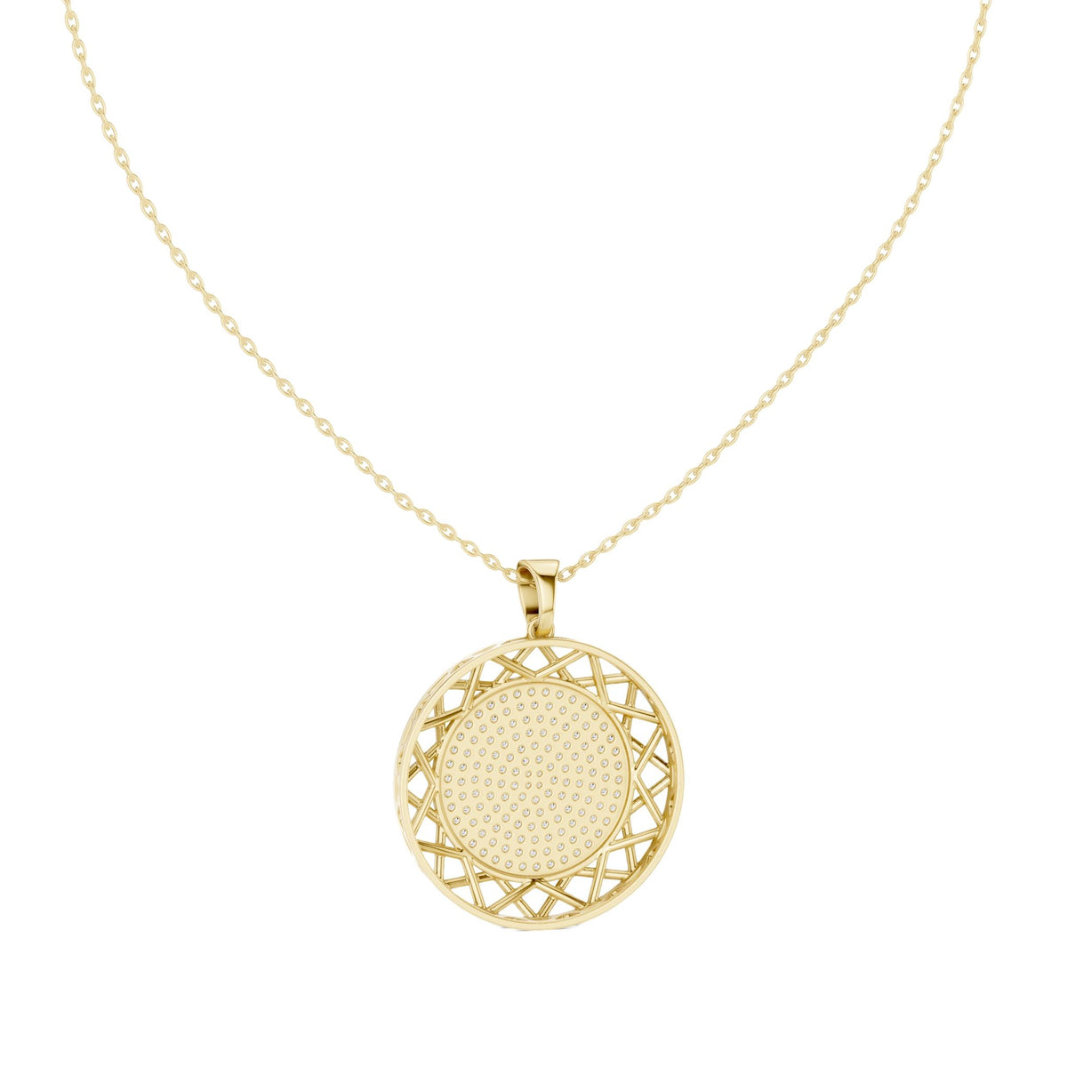 Round diamond pendant with circular lattice frame and pavé center, yellow gold