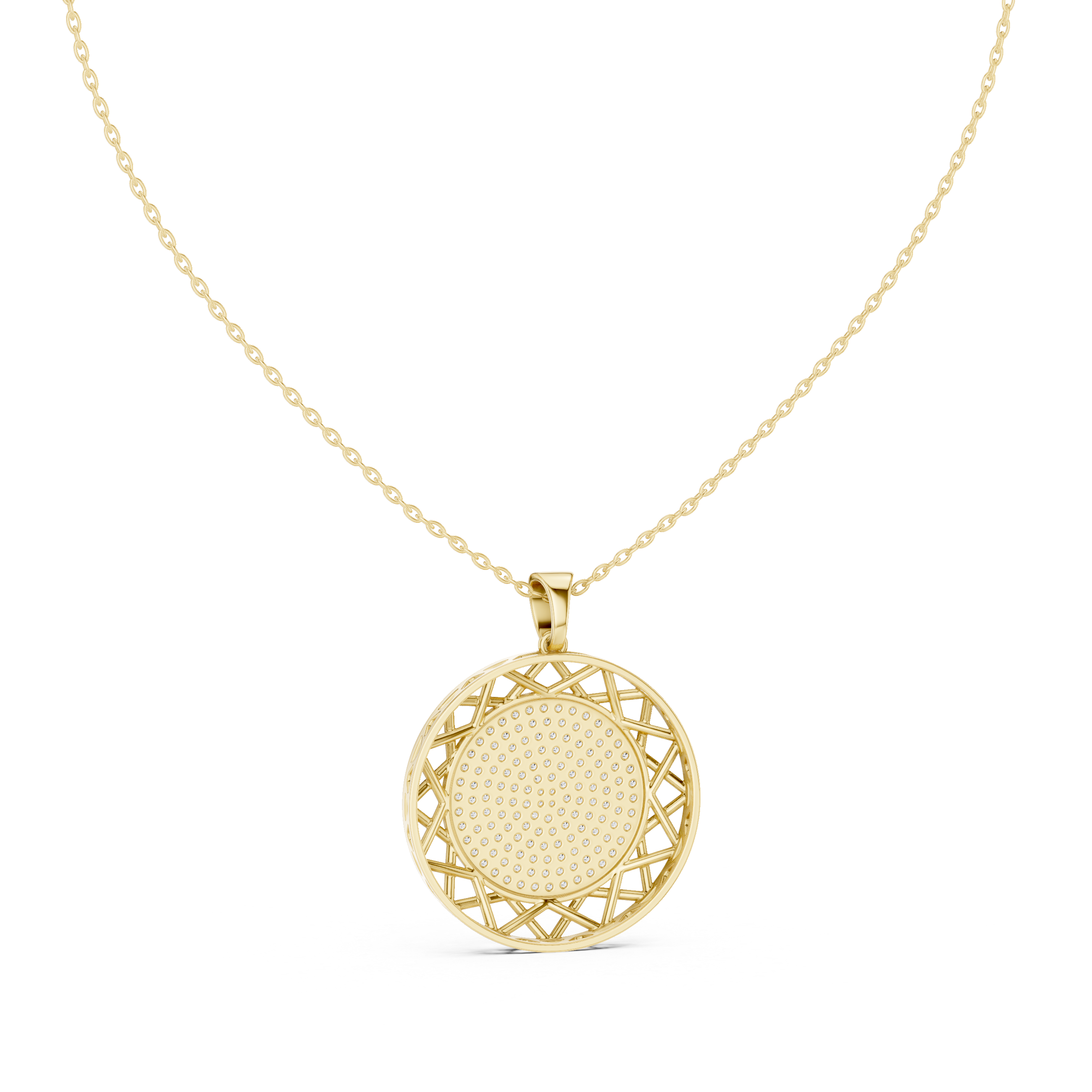 Round diamond pendant with circular lattice frame and pavé center, yellow gold