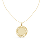 Round diamond pendant with circular lattice frame and pavé center, yellow gold