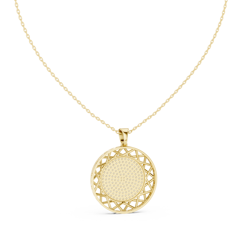 Round yellow gold diamond pendant with pavé center and lattice halo front view