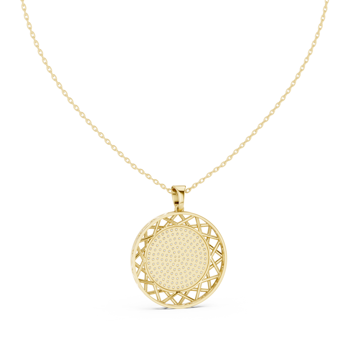 Round diamond pendant with circular lattice frame and pavé center, yellow gold