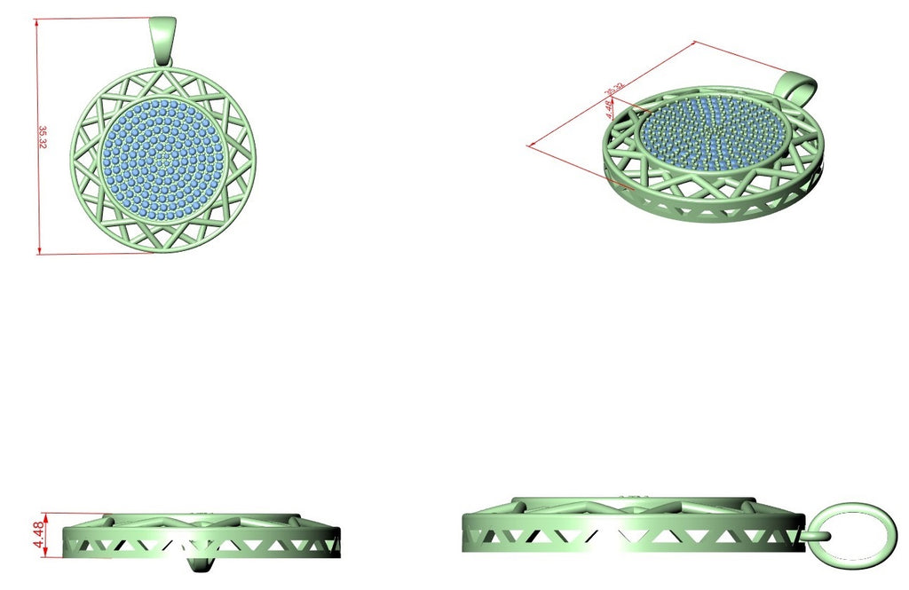 CAD view of round diamond medallion pendant with green lattice and hanging loop