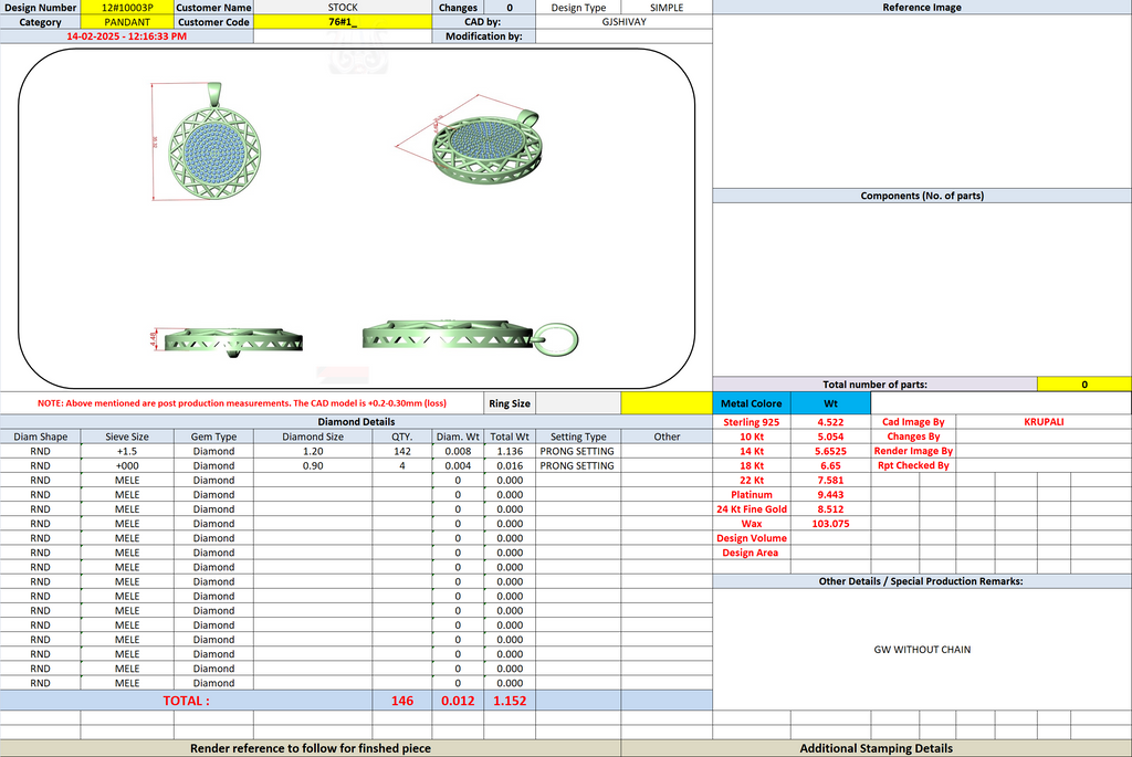 Jewelry CAD sheet showing round diamond pendant components and specifications