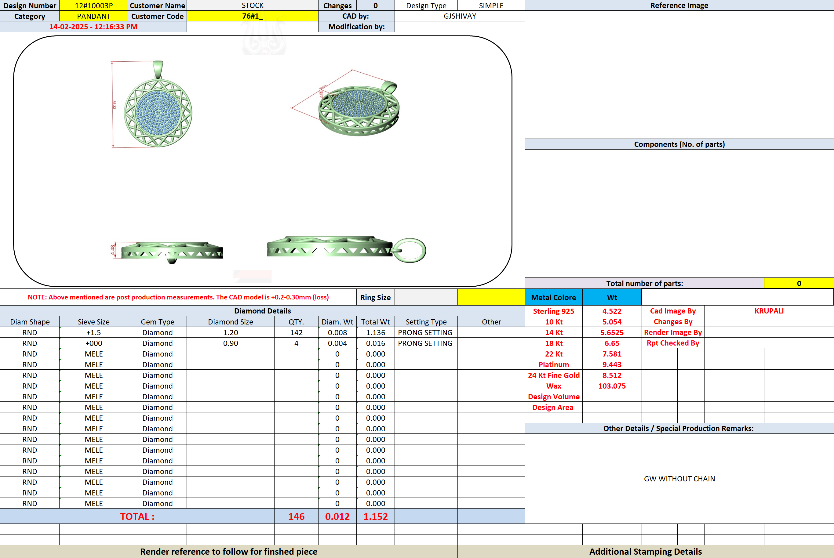 Jewelry CAD sheet showing round diamond pendant components and specifications