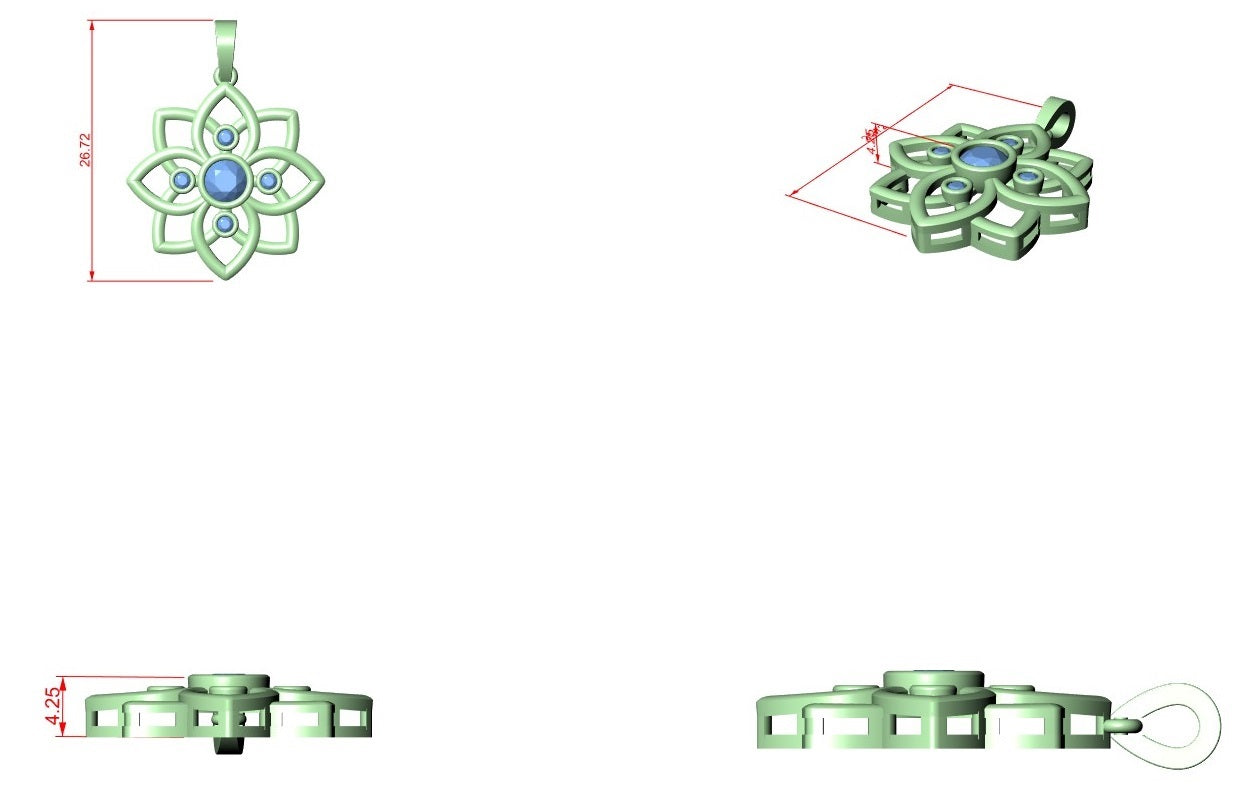 CAD design of floral diamond pendant with dimensions