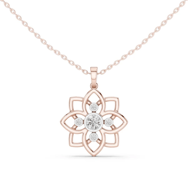 Rose gold lotus-style diamond pendant with marquise-cut look and round center stones