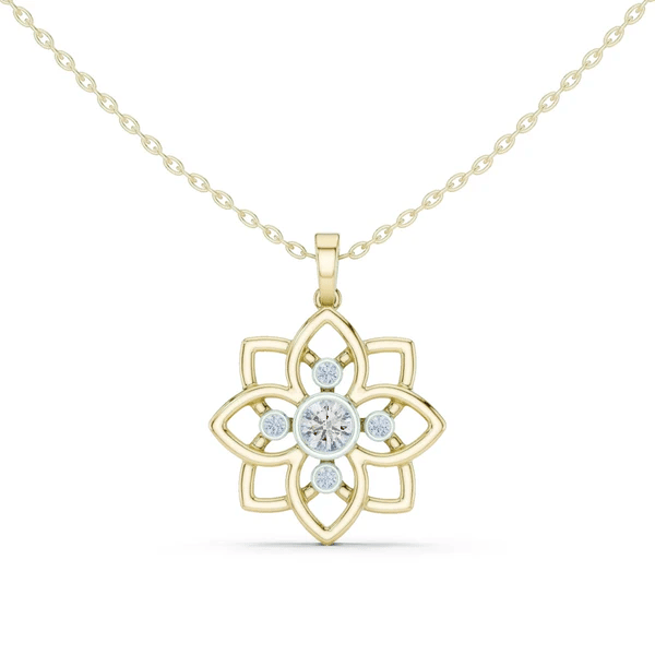 Yellow gold lotus-style diamond pendant with marquise-cut look and round center stones